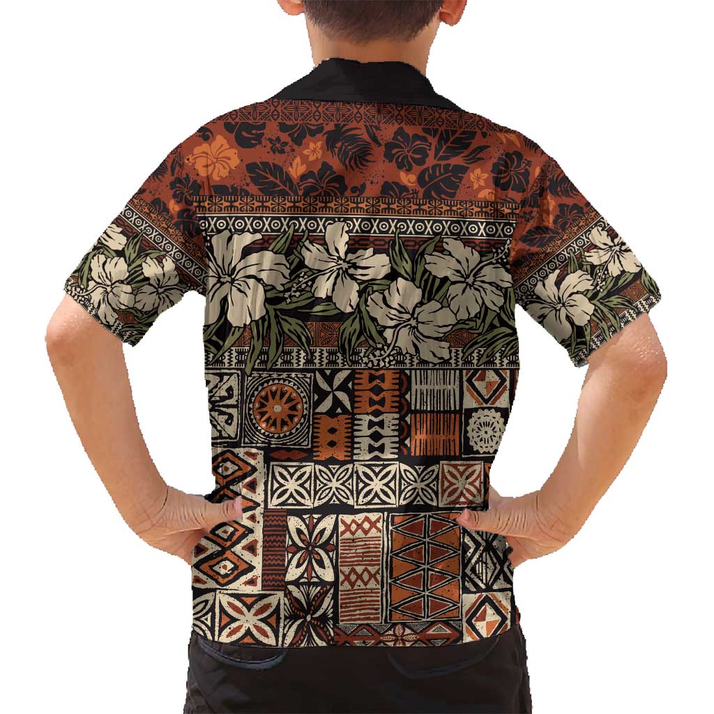 Pacific Hibiscus Tapa Tribal Vintage Family Matching Puletasi and Hawaiian Shirt Brown Motif LT9 - Polynesian Pride