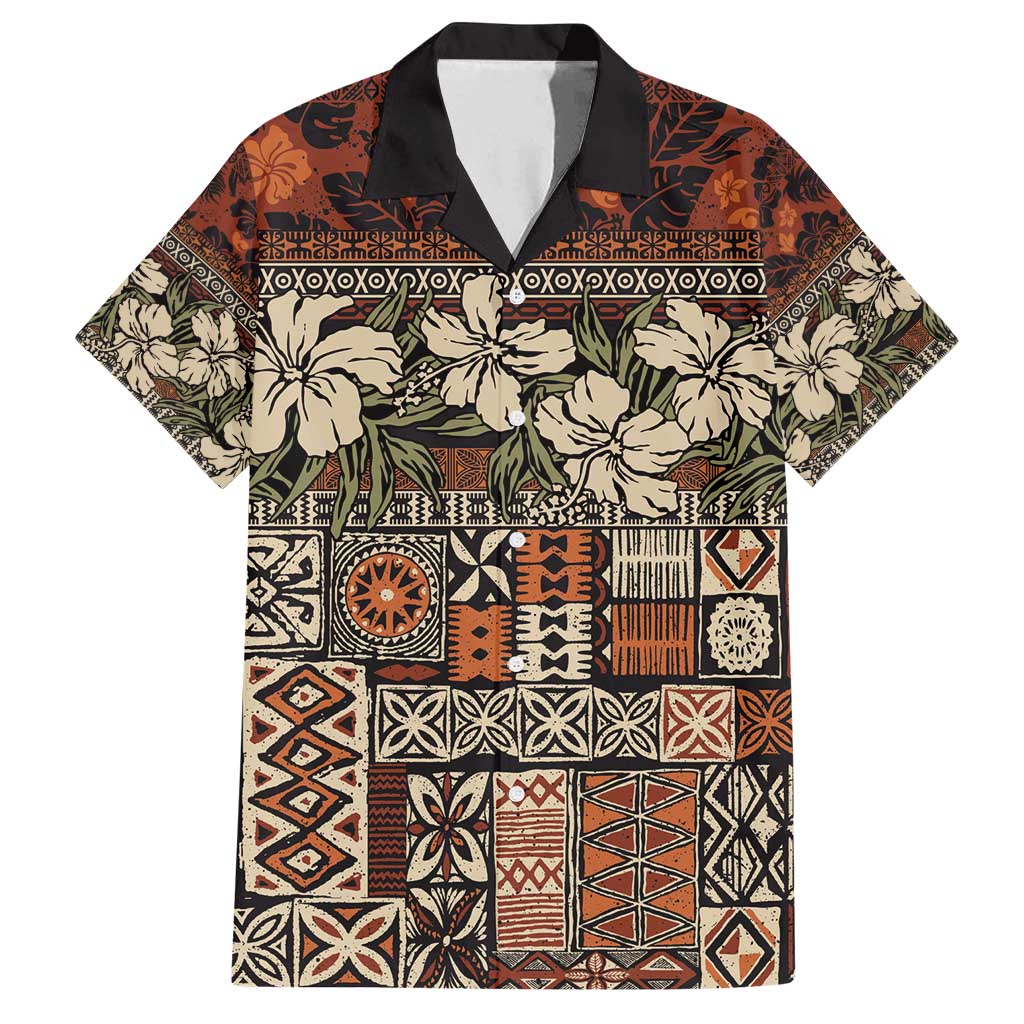 Pacific Hibiscus Tapa Tribal Vintage Family Matching Puletasi and Hawaiian Shirt Brown Motif LT9 Dad's Shirt - Short Sleeve Brown - Polynesian Pride