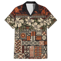 Pacific Hibiscus Tapa Tribal Vintage Family Matching Short Sleeve Bodycon Dress and Hawaiian Shirt Brown Motif
