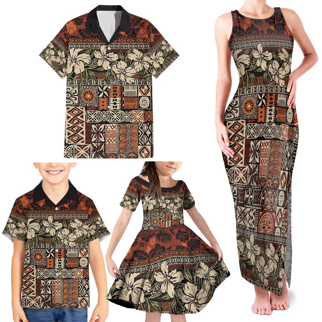 Pacific Hibiscus Tapa Tribal Vintage Family Matching Tank Maxi Dress and Hawaiian Shirt Brown Motif