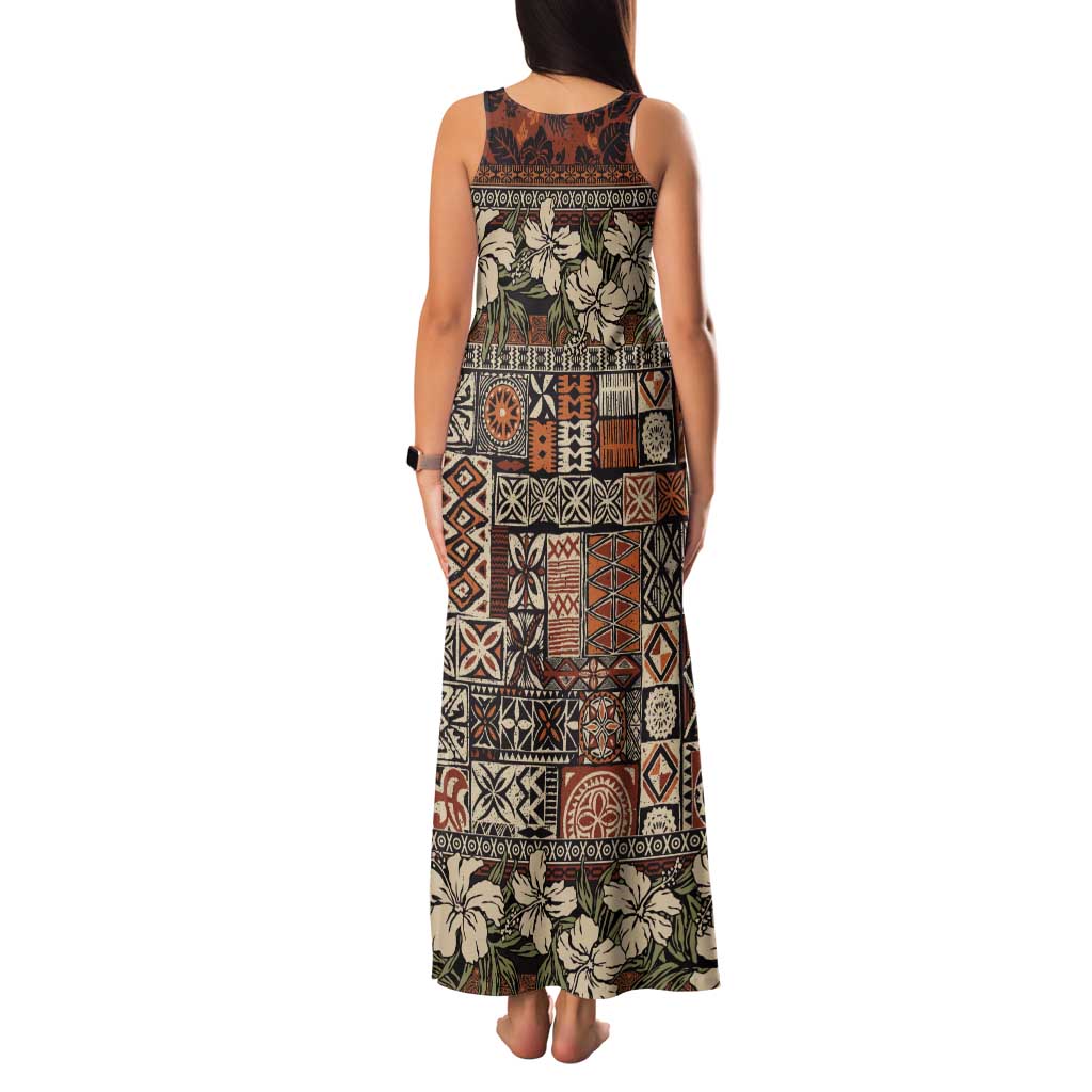 Pacific Hibiscus Tapa Tribal Vintage Family Matching Tank Maxi Dress and Hawaiian Shirt Brown Motif