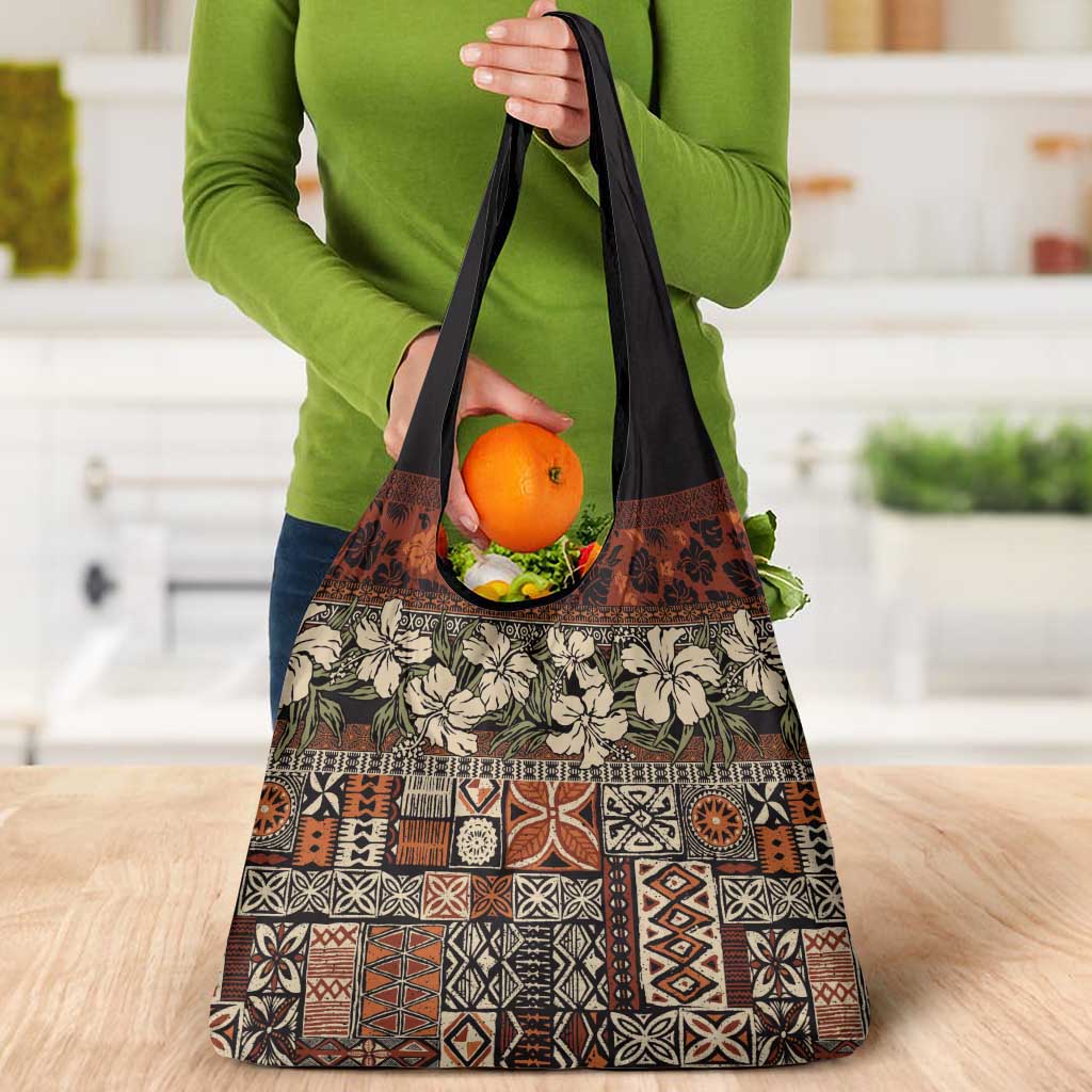 Pacific Hibiscus Tapa Tribal Vintage Grocery Bag Brown Motif