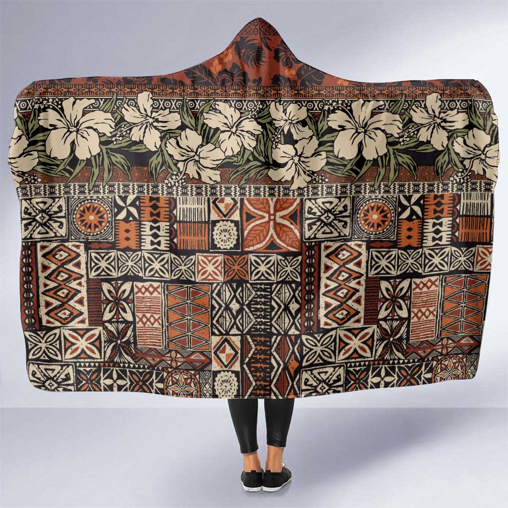 Pacific Hibiscus Tapa Tribal Vintage Hooded Blanket Brown Motif