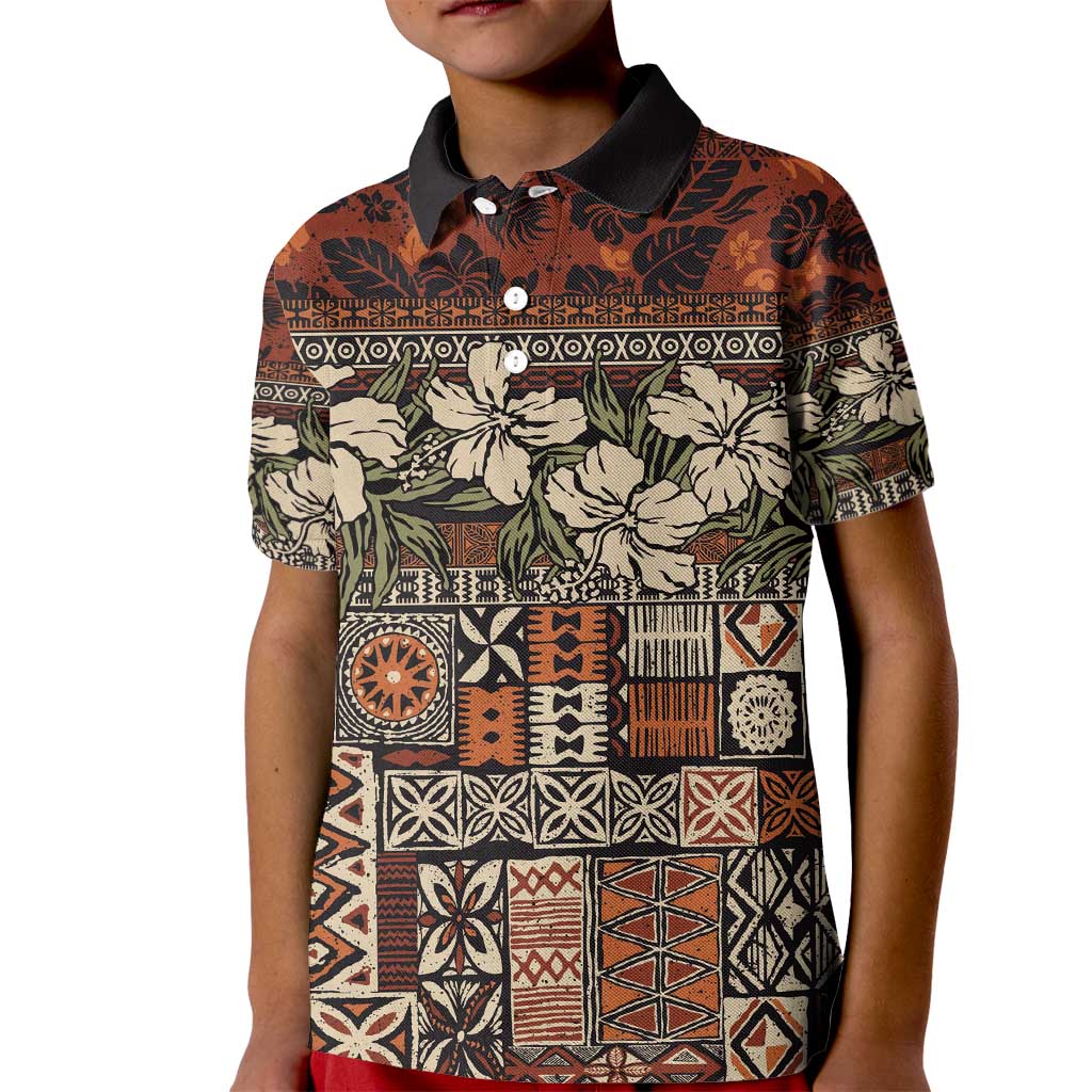 Pacific Hibiscus Tapa Tribal Vintage Kid Polo Shirt Brown Motif