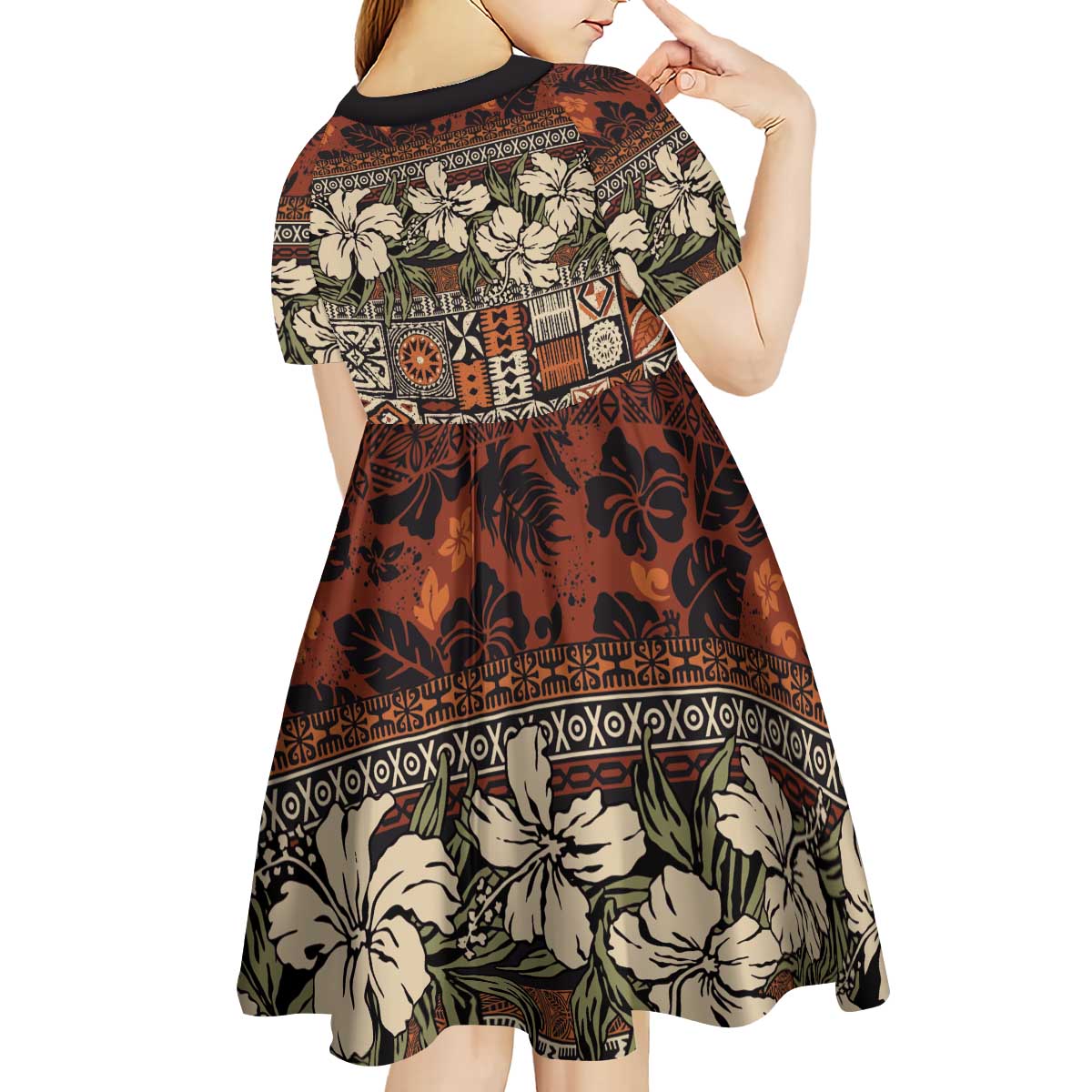 Pacific Hibiscus Tapa Tribal Vintage Kid Short Sleeve Dress Brown Motif