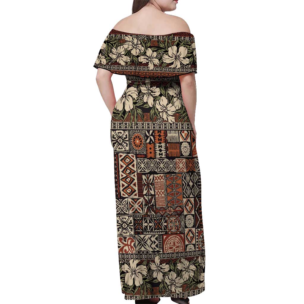 Pacific Hibiscus Tapa Tribal Vintage Off Shoulder Maxi Dress Brown Motif
