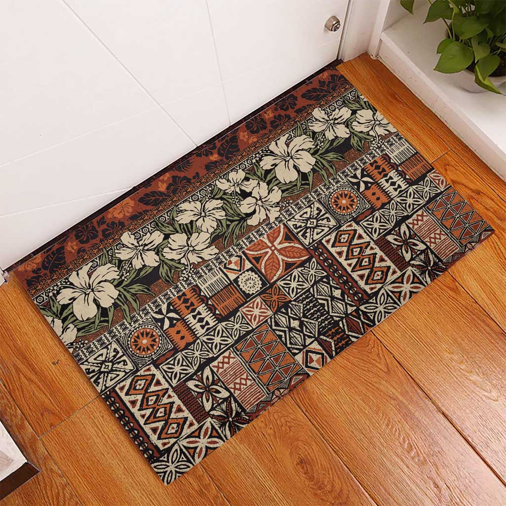 Pacific Hibiscus Tapa Tribal Vintage Rubber Doormat Brown Motif