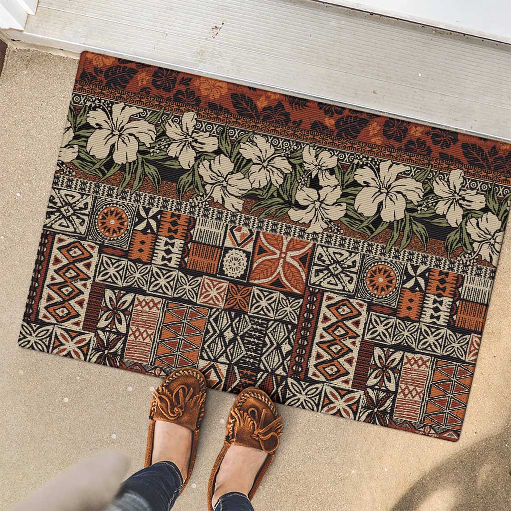 Pacific Hibiscus Tapa Tribal Vintage Rubber Doormat Brown Motif