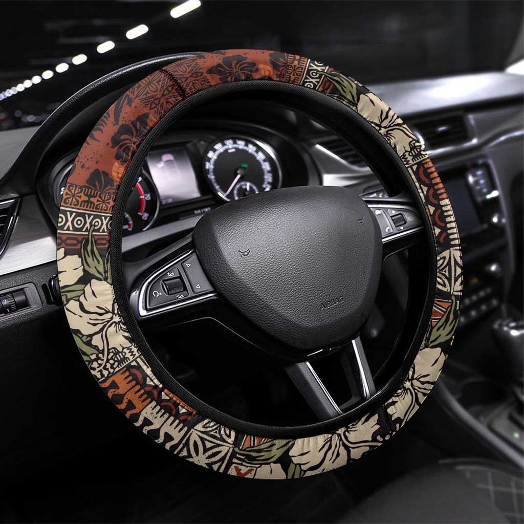 Pacific Hibiscus Tapa Tribal Vintage Steering Wheel Cover Brown Motif