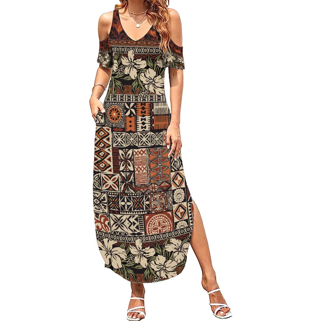 Pacific Hibiscus Tapa Tribal Vintage Summer Maxi Dress Brown Motif