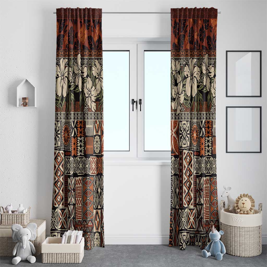 Pacific Hibiscus Tapa Tribal Vintage Window Curtain Brown Motif