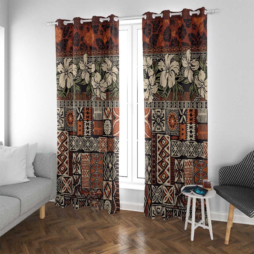 Pacific Hibiscus Tapa Tribal Vintage Window Curtain Brown Motif