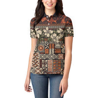 Pacific Hibiscus Tapa Tribal Vintage Women Polo Shirt Brown Motif