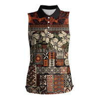 Pacific Hibiscus Tapa Tribal Vintage Women Sleeveless Polo Shirt Brown Motif LT9 Female Brown - Polynesian Pride