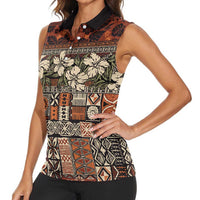 Pacific Hibiscus Tapa Tribal Vintage Women Sleeveless Polo Shirt Brown Motif LT9 - Polynesian Pride