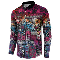 Pacific Hibiscus Tapa Tribal Vintage Button Sweatshirt Pink Motif