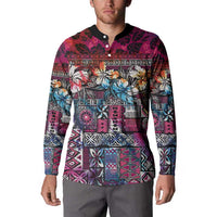 Pacific Hibiscus Tapa Tribal Vintage Button Sweatshirt Pink Motif