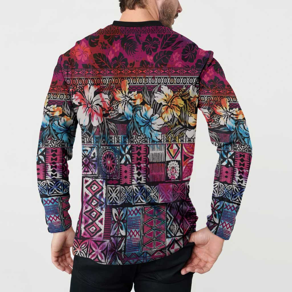Pacific Hibiscus Tapa Tribal Vintage Button Sweatshirt Pink Motif
