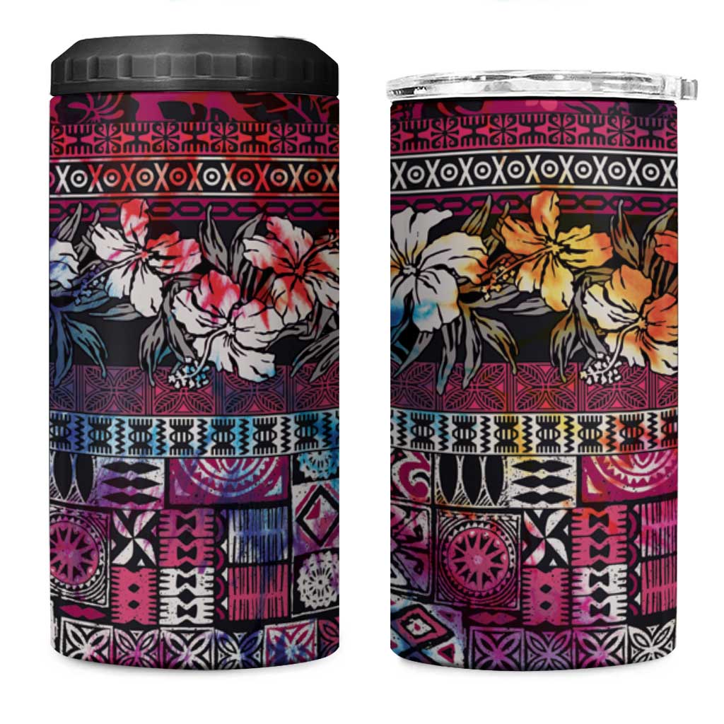Pacific Hibiscus Tapa Tribal Vintage 4 in 1 Can Cooler Tumbler Pink Motif