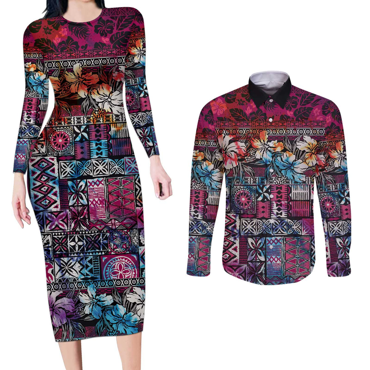 Pacific Hibiscus Tapa Tribal Vintage Couples Matching Long Sleeve Bodycon Dress and Long Sleeve Button Shirt Pink Motif LT9 Pink - Polynesian Pride