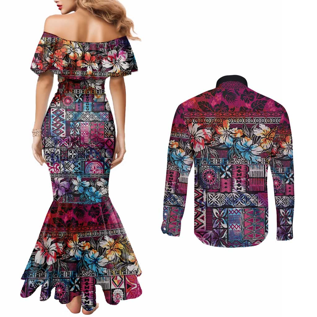 Pacific Hibiscus Tapa Tribal Vintage Couples Matching Mermaid Dress and Long Sleeve Button Shirt Pink Motif LT9 - Polynesian Pride