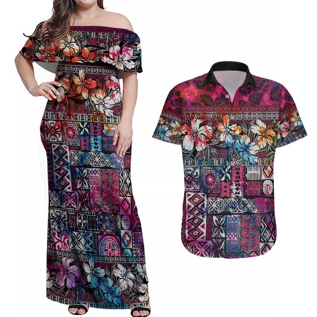 Pacific Hibiscus Tapa Tribal Vintage Couples Matching Off Shoulder Maxi Dress and Hawaiian Shirt Pink Motif