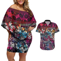 Pacific Hibiscus Tapa Tribal Vintage Couples Matching Off Shoulder Short Dress and Hawaiian Shirt Pink Motif LT9 Pink - Polynesian Pride