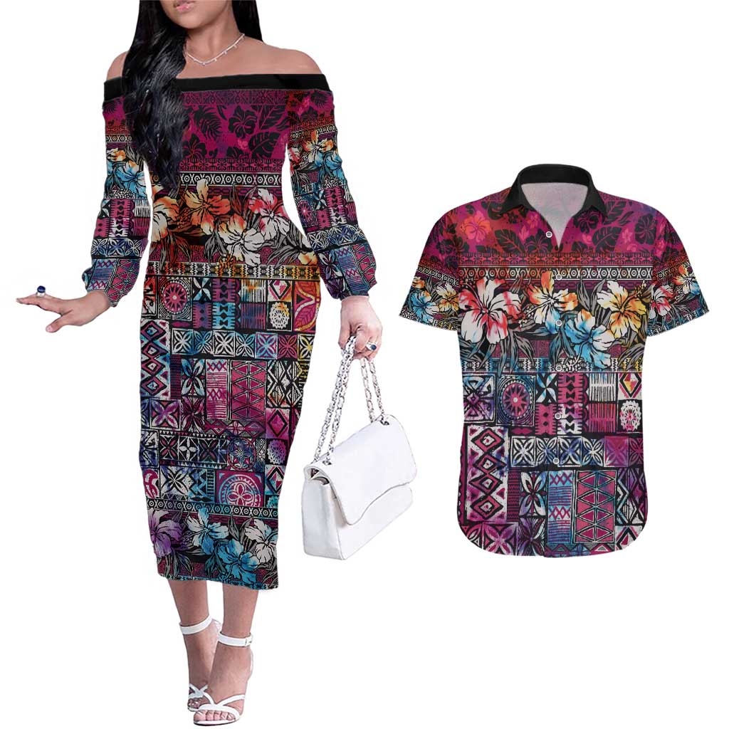Pacific Hibiscus Tapa Tribal Vintage Couples Matching Off The Shoulder Long Sleeve Dress and Hawaiian Shirt Pink Motif