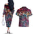 Pacific Hibiscus Tapa Tribal Vintage Couples Matching Off The Shoulder Long Sleeve Dress and Hawaiian Shirt Pink Motif