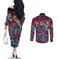 Pacific Hibiscus Tapa Tribal Vintage Couples Matching Off The Shoulder Long Sleeve Dress and Long Sleeve Button Shirt Pink Motif LT9 - Polynesian Pride