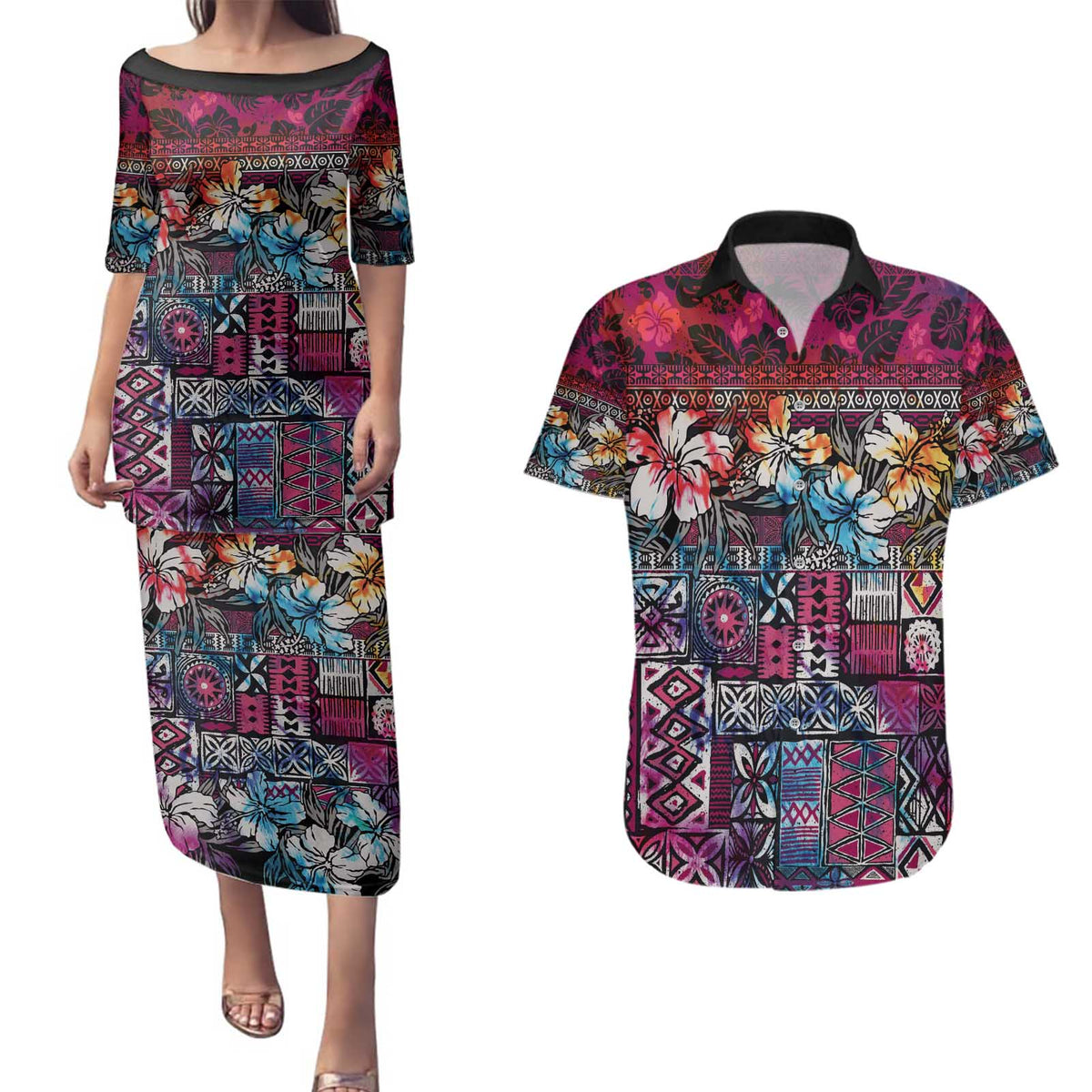 Pacific Hibiscus Tapa Tribal Vintage Couples Matching Puletasi and Hawaiian Shirt Pink Motif