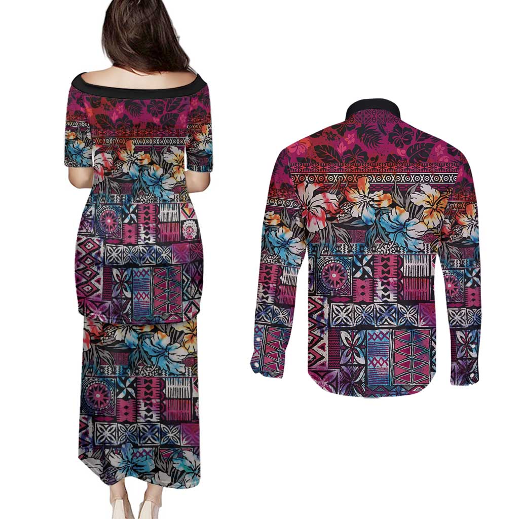 Pacific Hibiscus Tapa Tribal Vintage Couples Matching Puletasi and Long Sleeve Button Shirt Pink Motif LT9 - Polynesian Pride