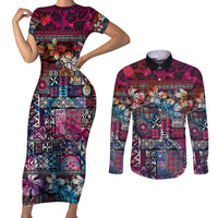 Pacific Hibiscus Tapa Tribal Vintage Couples Matching Short Sleeve Bodycon Dress and Long Sleeve Button Shirt Pink Motif LT9 Pink - Polynesian Pride