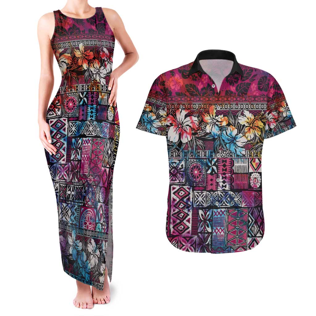 Pacific Hibiscus Tapa Tribal Vintage Couples Matching Tank Maxi Dress and Hawaiian Shirt Pink Motif