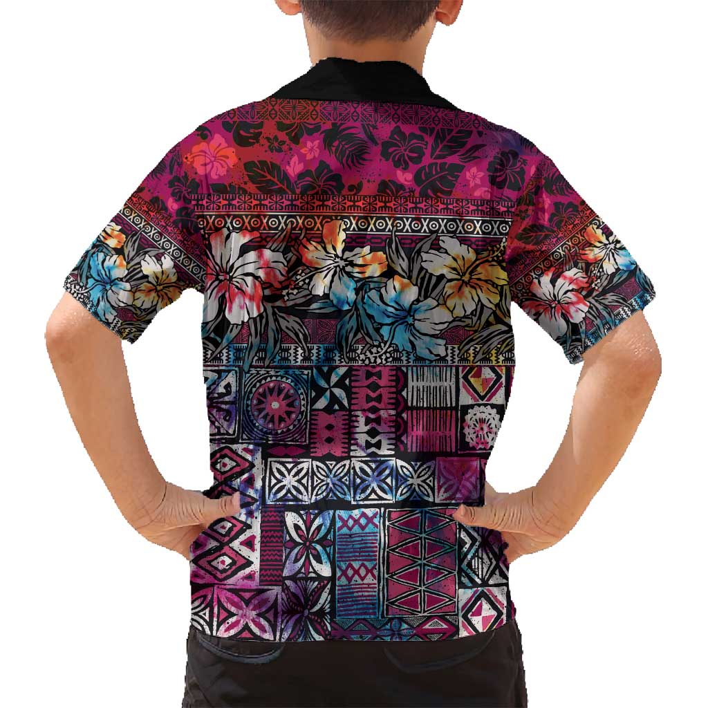 Pacific Hibiscus Tapa Tribal Vintage Family Matching Long Sleeve Bodycon Dress and Hawaiian Shirt Pink Motif