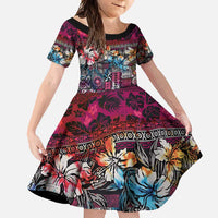 Pacific Hibiscus Tapa Tribal Vintage Family Matching Long Sleeve Bodycon Dress and Hawaiian Shirt Pink Motif