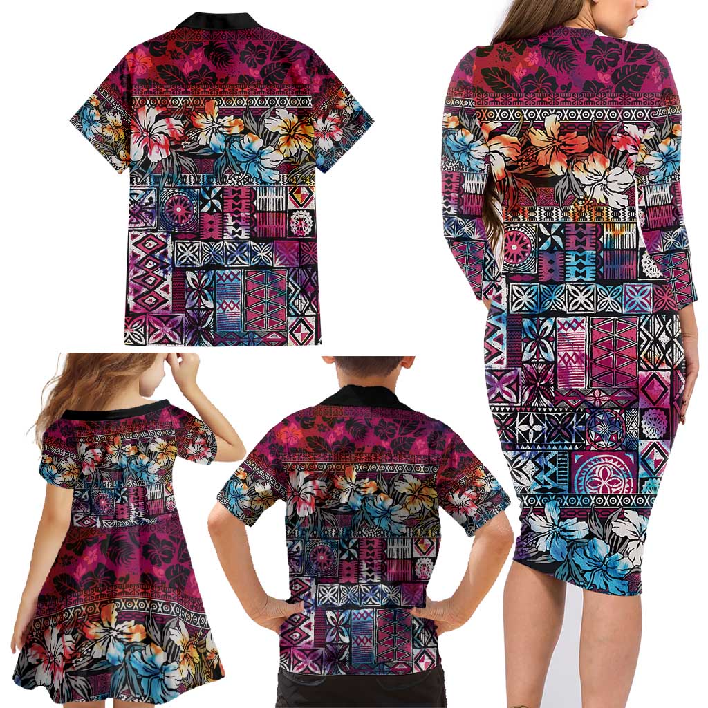 Pacific Hibiscus Tapa Tribal Vintage Family Matching Long Sleeve Bodycon Dress and Hawaiian Shirt Pink Motif