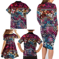 Pacific Hibiscus Tapa Tribal Vintage Family Matching Long Sleeve Bodycon Dress and Hawaiian Shirt Pink Motif