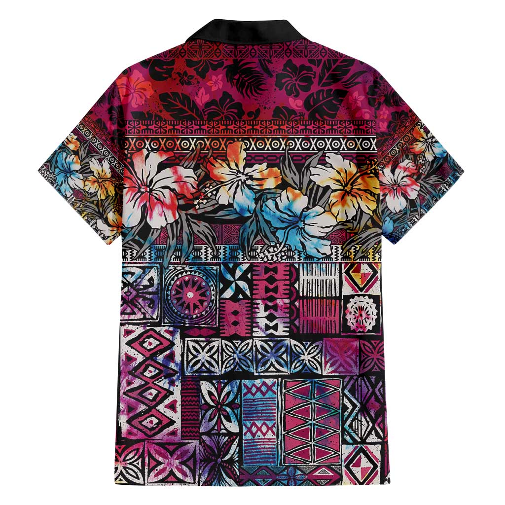 Pacific Hibiscus Tapa Tribal Vintage Family Matching Long Sleeve Bodycon Dress and Hawaiian Shirt Pink Motif