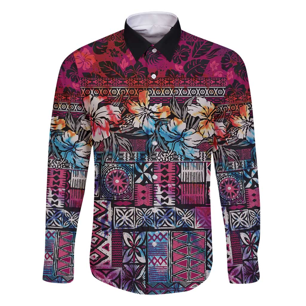 Pacific Hibiscus Tapa Tribal Vintage Family Matching Long Sleeve Bodycon Dress and Hawaiian Shirt Pink Motif