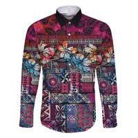 Pacific Hibiscus Tapa Tribal Vintage Family Matching Long Sleeve Bodycon Dress and Hawaiian Shirt Pink Motif