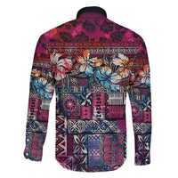 Pacific Hibiscus Tapa Tribal Vintage Family Matching Long Sleeve Bodycon Dress and Hawaiian Shirt Pink Motif