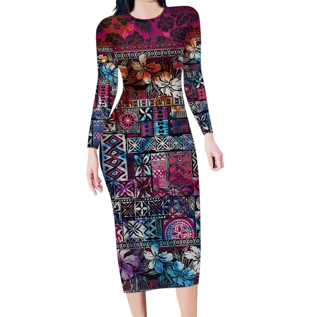 Pacific Hibiscus Tapa Tribal Vintage Family Matching Long Sleeve Bodycon Dress and Hawaiian Shirt Pink Motif