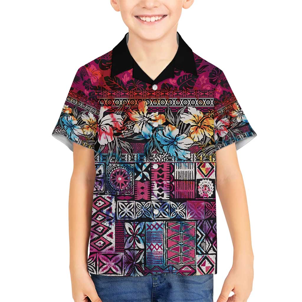 Pacific Hibiscus Tapa Tribal Vintage Family Matching Long Sleeve Bodycon Dress and Hawaiian Shirt Pink Motif