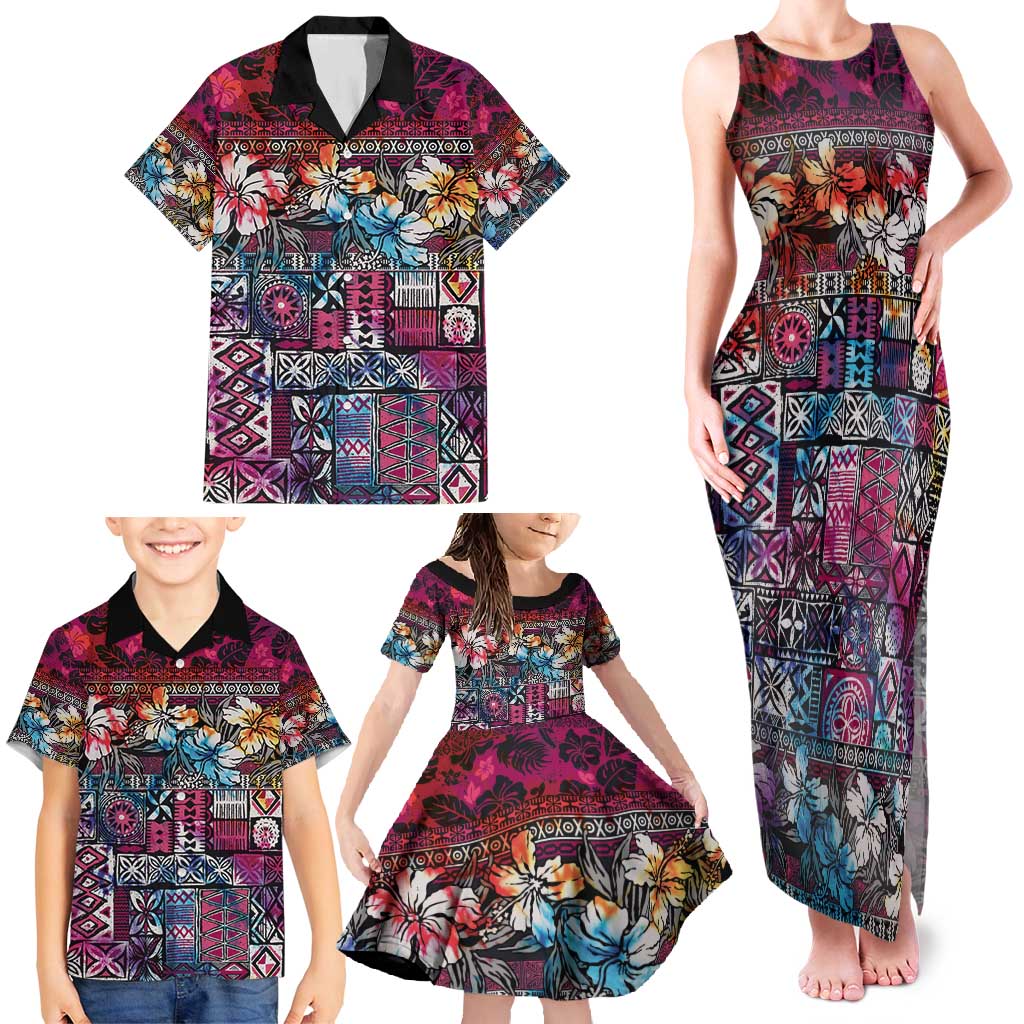 Pacific Hibiscus Tapa Tribal Vintage Family Matching Tank Maxi Dress and Hawaiian Shirt Pink Motif