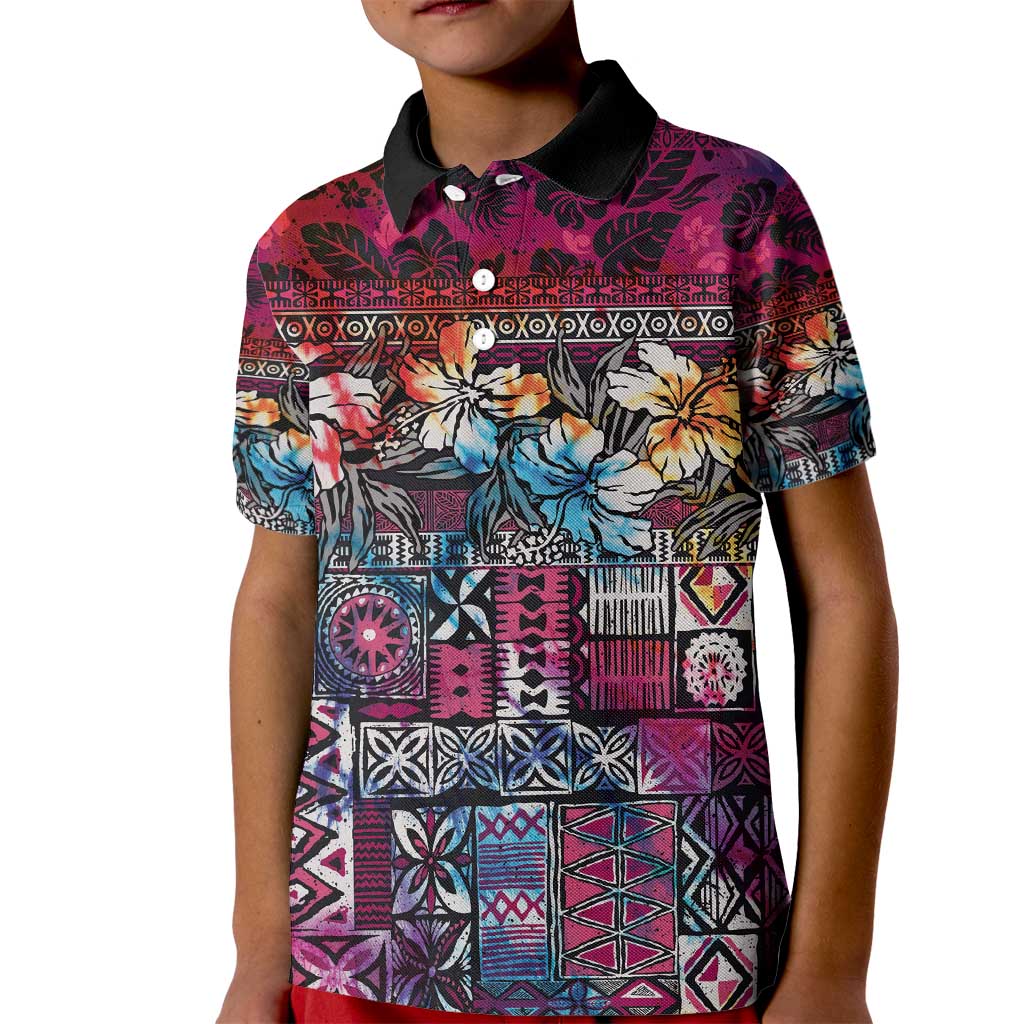 Pacific Hibiscus Tapa Tribal Vintage Kid Polo Shirt Pink Motif