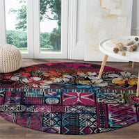 Pacific Hibiscus Tapa Tribal Vintage Round Carpet Pink Motif