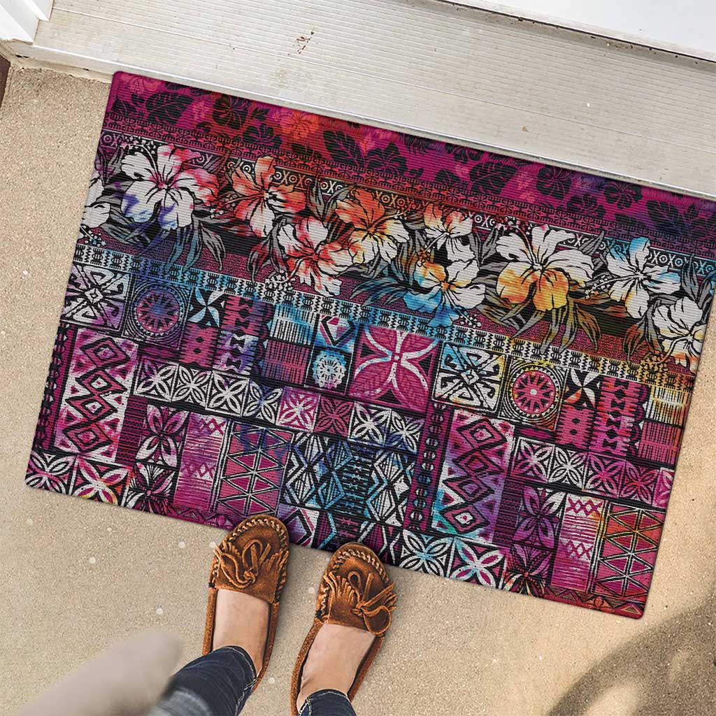 Pacific Hibiscus Tapa Tribal Vintage Rubber Doormat Pink Motif