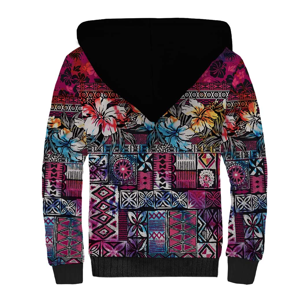 Pacific Hibiscus Tapa Tribal Vintage Sherpa Hoodie Pink Motif