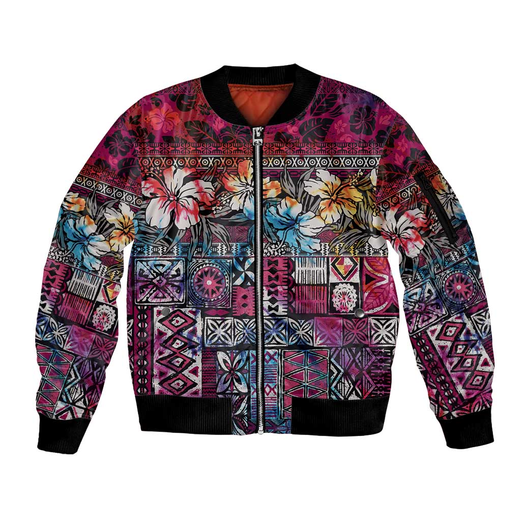 Pacific Hibiscus Tapa Tribal Vintage Sleeve Zip Bomber Jacket Pink Motif